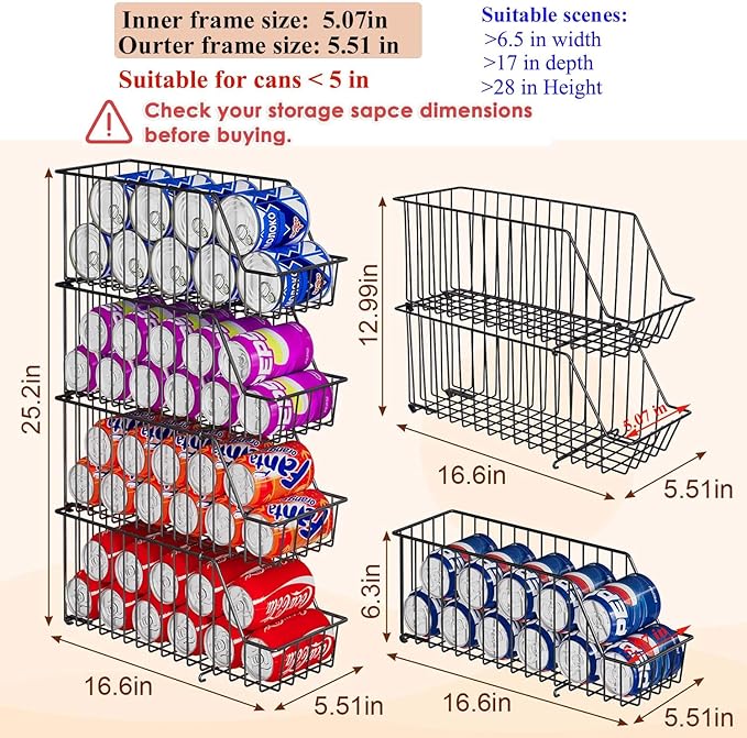 4-Tier Stackable Can Rack Organizer for Kitchen Pantry,Max Can Storage Holder,Durable Can Dispenser & Canned Goods Organizer for Fridge,Hold More 44 Cans, for Various Ounces of Canned Food Soda Drinks