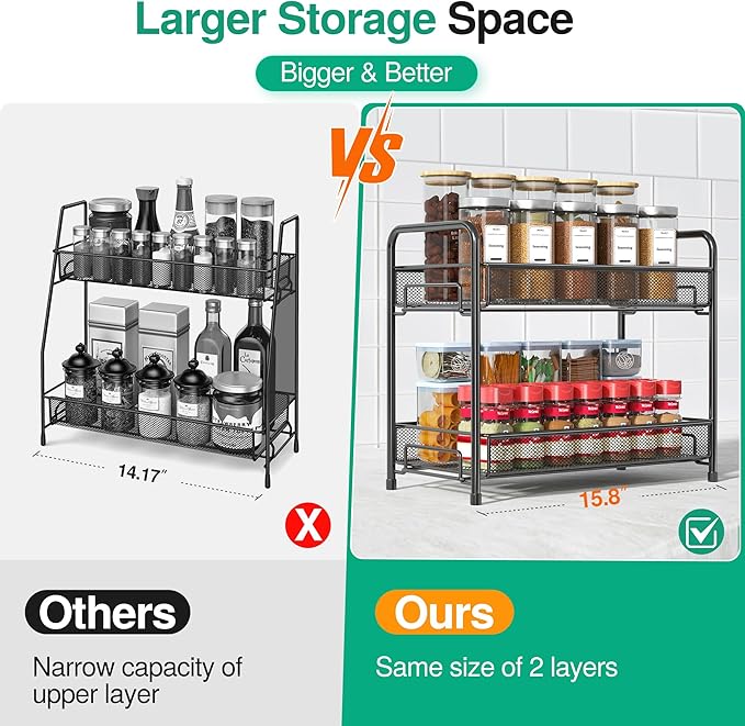 Spice Rack Organizer for Countertop,Xpatee 2-Tier Foldable Metal Rust-Proof Standing Large Seasoning Storage Shelf with Guardrail and Mesh Design for Kitchen Cabinet Bathroom Living Room Pantry, Black