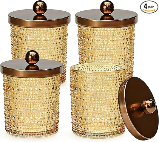 Flrolove 4 Pack Amber Glass Qtip Holder Dispenser, Bathroom Canister Storage Organizer for Cotton Swabs, Balls, Pads, Floss Picks with Metal Lid - Vanity Makeup Organizer and Bathroom Essentials