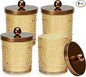 Flrolove 4 Pack Amber Glass Qtip Holder Dispenser, Bathroom Canister Storage Organizer for Cotton Swabs, Balls, Pads, Floss Picks with Metal Lid - Vanity Makeup Organizer and Bathroom Essentials