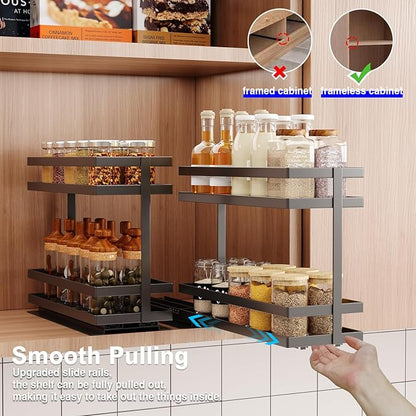 Mustorn 4 Pack Pull Out Spice Rack Organizer for Cabinet, 2 Tier Metal Slide Out Seasoning Organizer and Storage Heavy Duty Vertical Spice Rack Shelf Pullout for Kitchen Cabinets No Drilling (Black)