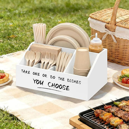 Paper Plate Dispenser, Wood Paper Plate Holders for Kitchen Counter, Rustic Silverware Utensil Organizer for Party, Utensil Caddy for Cups Spoons Forks Plates Napkins, Accessories for Camping Buffet