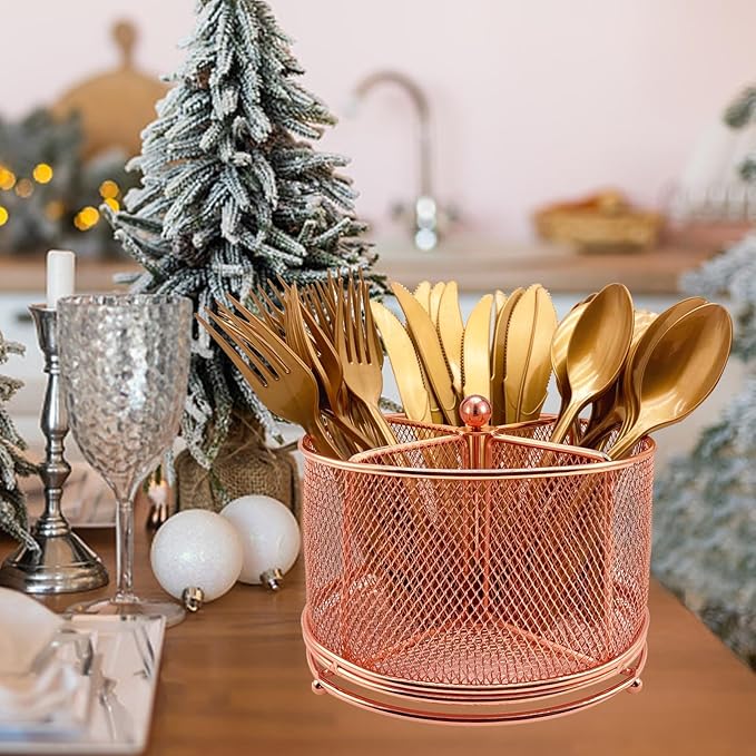 DysanVica 360 Rotating Metal Utensil Caddy - 4 Compartment Silverware Cutlery Holder Fork Spoon Napkin Organizer Flatware Storage Basket Party Countertop Buffet Picnic Camping Outdoor Rose Gold Pink