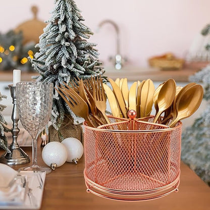 DysanVica 360 Rotating Metal Utensil Caddy - 4 Compartment Silverware Cutlery Holder Fork Spoon Napkin Organizer Flatware Storage Basket Party Countertop Buffet Picnic Camping Outdoor Rose Gold Pink