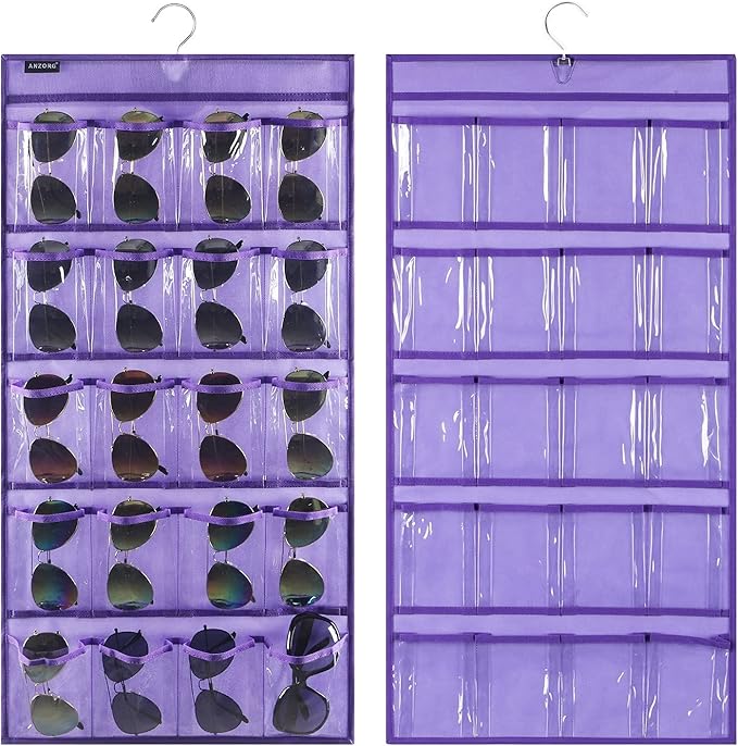 Dual Sided Hanging Sunglasses Organizer Storage Wall Mounted Eyeglasses Holder Eyewear Display Case with 40 Clear Slots (40 Pockets-Purple)
