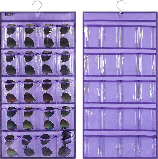 Dual Sided Hanging Sunglasses Organizer Storage Wall Mounted Eyeglasses Holder Eyewear Display Case with 40 Clear Slots (40 Pockets-Purple)