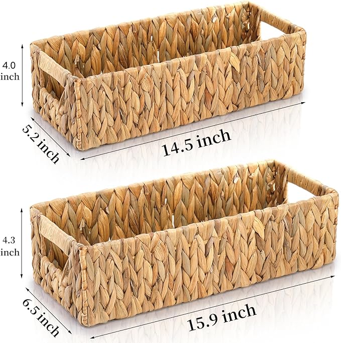 Eorbow 2 Pack Wicker Storage Baskets, Water Hyacinth Holder for Toilet Paper, Rectangular Natural Bins with Built-in Handles, Handwoven Organizer for Bathroom Kitchen Pantry Tank Top, 2 Sizes