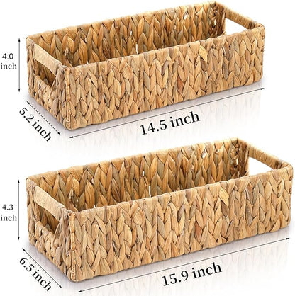 Eorbow 2 Pack Wicker Storage Baskets, Water Hyacinth Holder for Toilet Paper, Rectangular Natural Bins with Built-in Handles, Handwoven Organizer for Bathroom Kitchen Pantry Tank Top, 2 Sizes