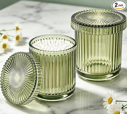 2 Pack Glass Qtip Holder Dispenser Set - Bathroom Organizer for Cotton Swabs, Balls, Pads, Floss Picks - Clear Apothecary Jars for Vanity, Makeup Storage, Bathroom Accessories Decor (Olive Green)