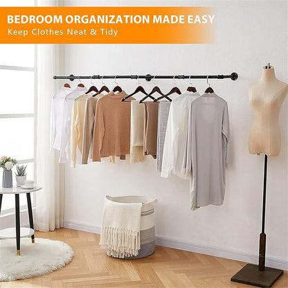 Aduanbang 64.9in Industrial Pipe Wall Mounted Clothes Rack, Heavy Duty Detachable Iron Garment Bar, Rustic Space-Saving Hanging Rod for Bedroom, Closet – Black