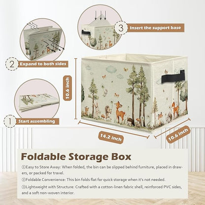 Forest Animal Nursery Storage Box Bins, Watercolor Tree Deer Fox Bunny Animal Collapsible Storage Basket Organizer for Kids Room Laundry Room Clothes Books, Decor for Room