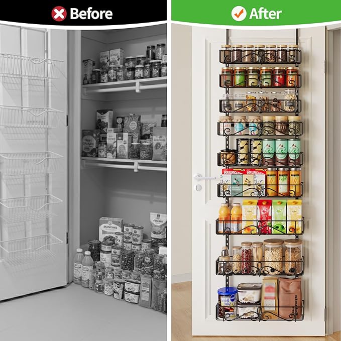 Over the Door Pantry Organizer, 9-Tier Over the Door Pantry Organizer Rack and Storage, Metal Hanging Spice Rack Shelves Door for Home Office Laundry Room Bathroom & Kitchen Organization Black
