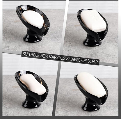 Soap Dish, Ceramic Soap Holder Self Draining Leaf Shape Bar Soap Holder, Marble Look Black Drain Soap Dish Holder for Bathroom, Easy to Clean Keeps Soap Dry, ANTIS'S HOME
