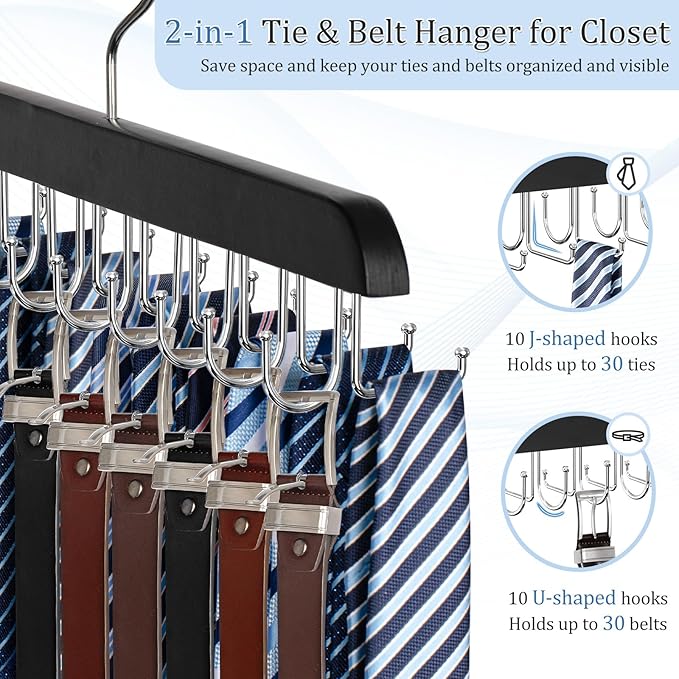 2 Pack 2-in-1 Belt and Tie Hanger for Closet, Upgraded Tie Rack with 20 Foldable Non-Slip Hooks, Max 30 Belts and 30 Ties, Space-Saving Wooden Tie and Belt Organizer for Camisoles, Bras, Scarves