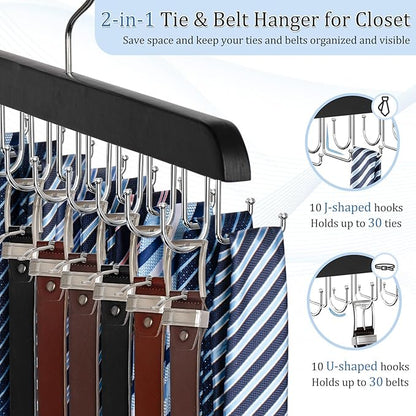 2 Pack 2-in-1 Belt and Tie Hanger for Closet, Upgraded Tie Rack with 20 Foldable Non-Slip Hooks, Max 30 Belts and 30 Ties, Space-Saving Wooden Tie and Belt Organizer for Camisoles, Bras, Scarves