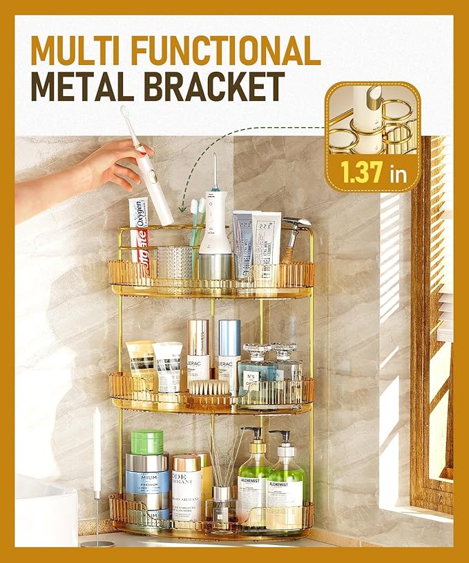 EUHOME 3-Tier Corner Bathroom Counter Organizer Makeup Cosmetic Storage, Tool-Free Installation Acrylic Vanity Shelf, Countertop Storage Organizers Perfume Tray for Bathroom, Dresser, Kitchen (Gold)