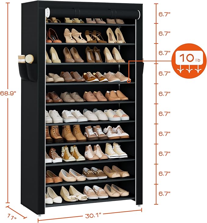 CASAMAYA Shoe Rack with Covers, 10 Tiers Tall Shoe Rack Organizer, Large Capacity Shoe Shelf Storage, Hold 40 Pairs of Shoes, Vertical Shoe Storage Organizer for Closet, Entryway, Black, SRT104B01