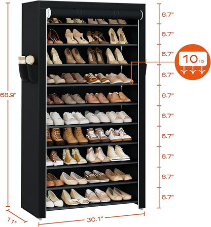 CASAMAYA Shoe Rack with Covers, 10 Tiers Tall Shoe Rack Organizer, Large Capacity Shoe Shelf Storage, Hold 40 Pairs of Shoes, Vertical Shoe Storage Organizer for Closet, Entryway, Black, SRT104B01
