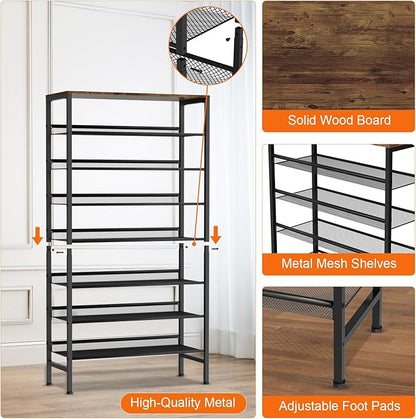 Large Shoe Rack 8 Tier Shoe Organizer, Heavy Duty Metal Shoe Storage Vertical Shoe Rack for Closet Front Door Entrance, Up to 28 Pairs, Top Wooden Storage Shelf, Black