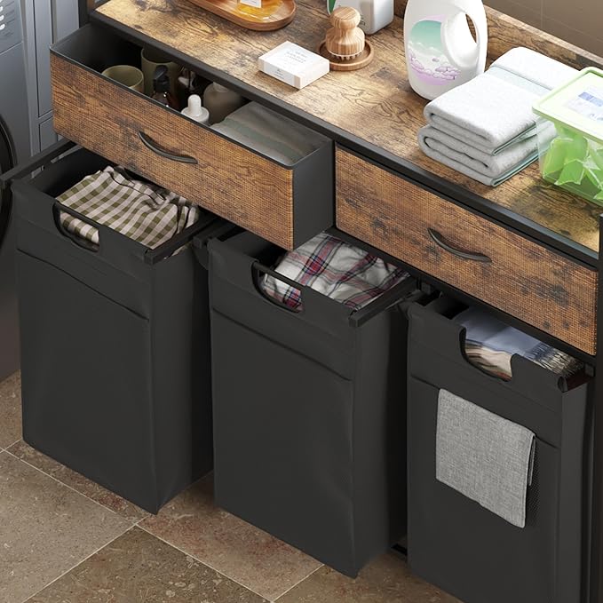 Mondeer Laundry Sorter with 2 Drawers, 150L with Pull-Out Removable Laundry Bags, Laundry Hamper Baskets with 3 Section and Wheels, Rustic Brown and Black