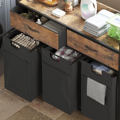 Mondeer Laundry Sorter with 2 Drawers, 150L with Pull-Out Removable Laundry Bags, Laundry Hamper Baskets with 3 Section and Wheels, Rustic Brown and Black