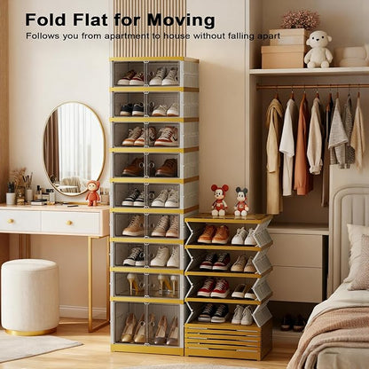 SYNCVIBE Shoe Rack Organizer for Closet Entryway Foldable Sneaker Storage Shoe, Collapsible Shoe Cabinet, Stackable Shoe Storage Cabinet with Lids for Living Room (9 Tiers -18 Pairs White Gold)