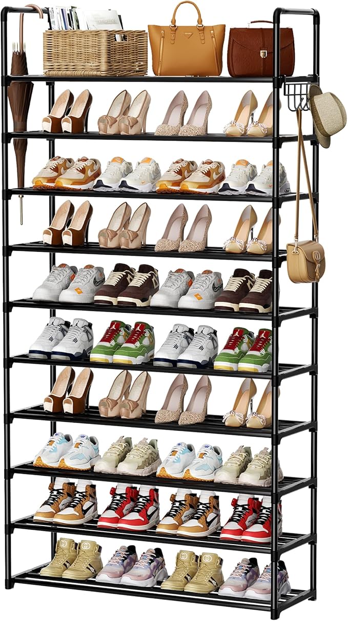 Shoe Rack, 10 Tier Shoe Storage Organizer with Hooks,Fit 40-45 Pairs Shoes,Metal Tall Shoe Shelf for Closet Entryway, Space Saving Tower for Living Room Hallway