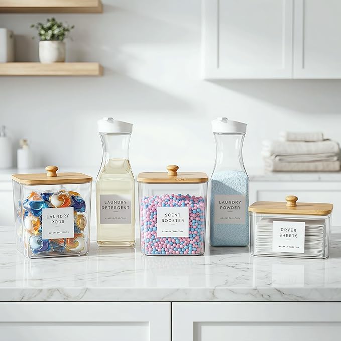 3+2 Pack Laundry Pods Containers & Dryer Sheet Holder & Laundry Detergent Dispenser, Laundry Room Organization and Storage Jars with Lids, Labels and Scoops for Scent Booster, Powder, Pods