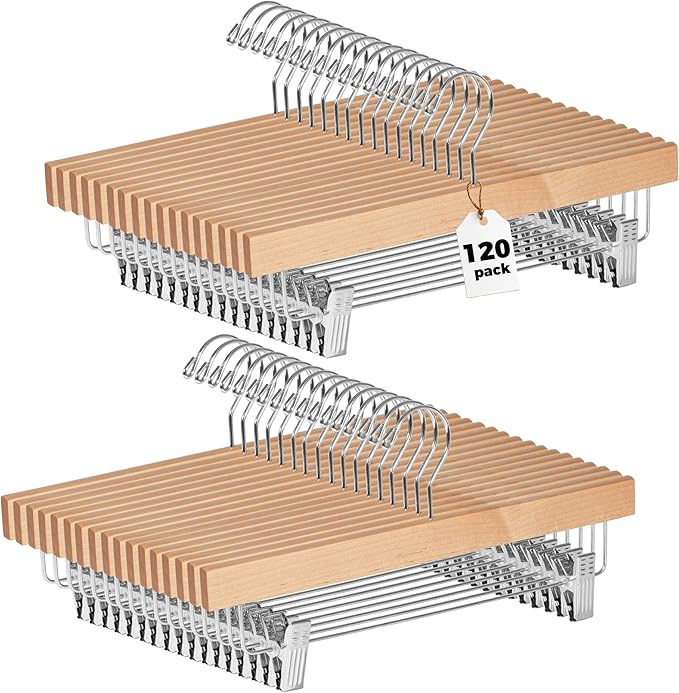 Quality Hangers Wooden Pants Hangers - Multi-Pack Swivel Hook Cloth Hanger Set - Lotus Wood Skirt, Pant, Shorts and Slack Hangers with Adjustable Clip – Clothing Hanger Set (Natural, 120)