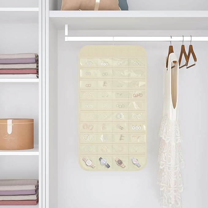 2-Pack Hanging Jewelry Organizer Storage, 40 Pockets 36 Hooks Necklace Earring Bracelet Ring Organizer, Double - Sided Design, Beige