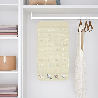 2-Pack Hanging Jewelry Organizer Storage, 40 Pockets 36 Hooks Necklace Earring Bracelet Ring Organizer, Double - Sided Design, Beige