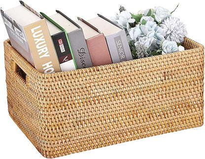 Hipiwe Handwoven Rattan Basket Decorative Natural Wicker Storage Basket Rectangular Wardrobe Home Organizer with Build-in Handles, 15" x 11" x 7.1"