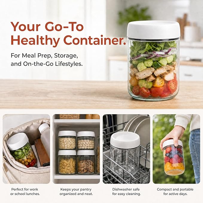 EONJOE 6-Pack 16oz Glass Jars with Lids for Food Storage Meal Prep Airtight