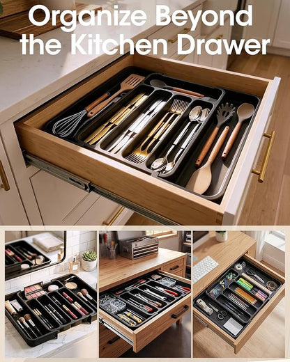 Aujen Silverware Organizer - Expandable Kitchen Drawer Organizer, Adjustable Utensil Organizer, Cutlery Tray for Forks, Knives, Multipurpose Kitchen Organizers and Storage Solution, Black, Medium