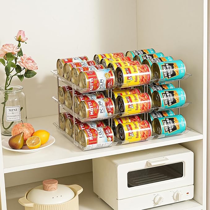 Amllas Can Organizer for Pantry, Stacking Can Storage Organizer Pantry, Automatic Rolling Can Rack for Fridge, 3Tire 3 Columns Can Holder for 36 Cans, Canned Goods Organizer