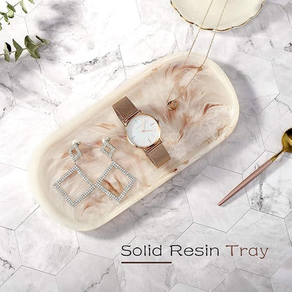 Emibele Jewelry Organizer Oval Resin Tray, Bathroom Kitchen Dresser Vanity Tray Jewelry Dish Ring Holder Cosmetic Organizer for Candle Perfume Soap Shampoo Small Plant Home Decor, Ink Khaki