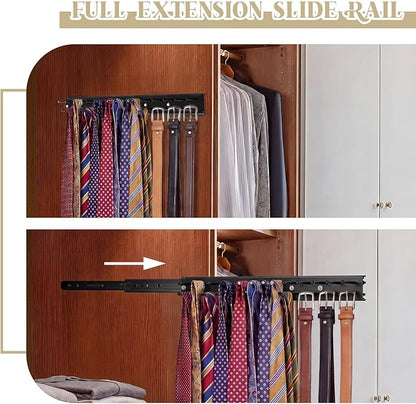 Blulu 1 Pcs 13.8'' Sliding Tie Rack Hanger for Closet, 25 Tie Pull Out Wall Mounted Extending Sturdy Metal Belt Organizer Holder for Men Belt Storage, Black