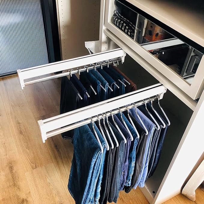 Heavy Duty Retractable Pull Out Pants Rack,Aluminum Alloy Pull Out Closet Valet Rod,Extendable Wardrobe Rail Tube for Hanging Clothes, Top Mount (Color : White, Battery *1 : 36cm)