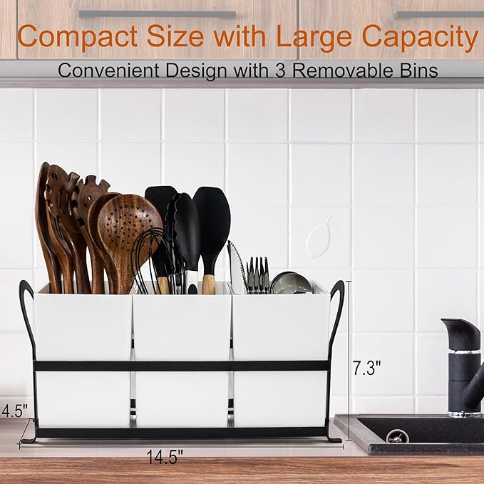 Czlizdyt Large Kitchen Utensil Holder, Drainage Utensil Caddy for Countertop, 3pcs Bins Set Cooking Utensil Organizer for Spoons, Spatulas, White