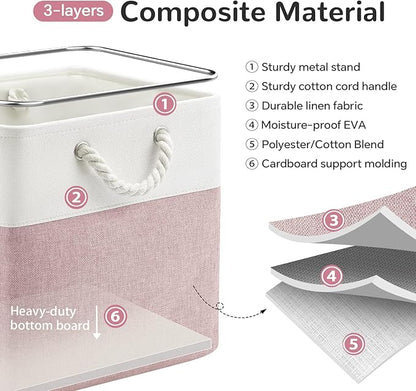 12 x 12 Inch Cube Storage Bins, 4 Pack Fabric Storage Basket with Handles, Foldable Boxes Organizer for Shelf Baskets for Home, Clothes (White/Pink)