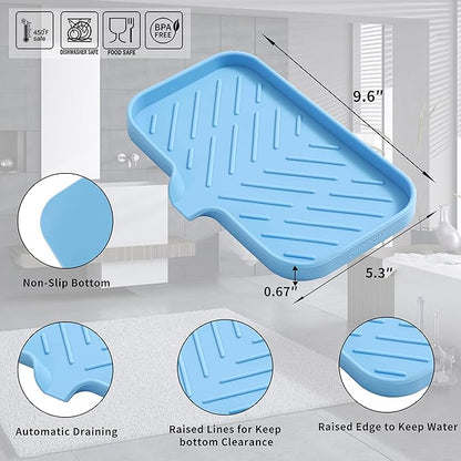 MicoYang Silicone Bathroom Soap Dishes with Drain Spout-Bathroom and Kitchen Sink Organizer,Sponge Holder,Dish Soap Tray,Perfect for Dispenser,Scrubber,Bottle on Sink or Counter-Light Blue 9.6"×5.3"