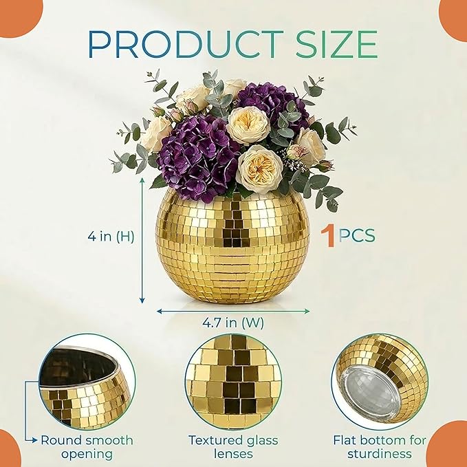 Glass Disco Ball Pen Holder with Smooth Grouting - Premium Mirror Mosaic Pencil Cup for Desk, Cute Makeup Brush Holder, Aesthetic Room Decor Gift (gold)
