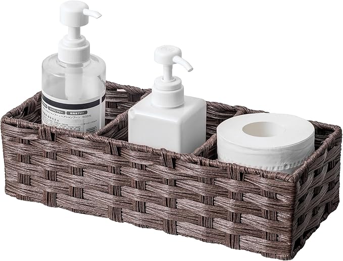 Toilet Tank Topper Paper Basket Multiuse Hand Woven Plastic Wicker Basket Bins with Divider for Shelves Rustic Farmhouse Bathroom Decor Countertop Organizer Storage