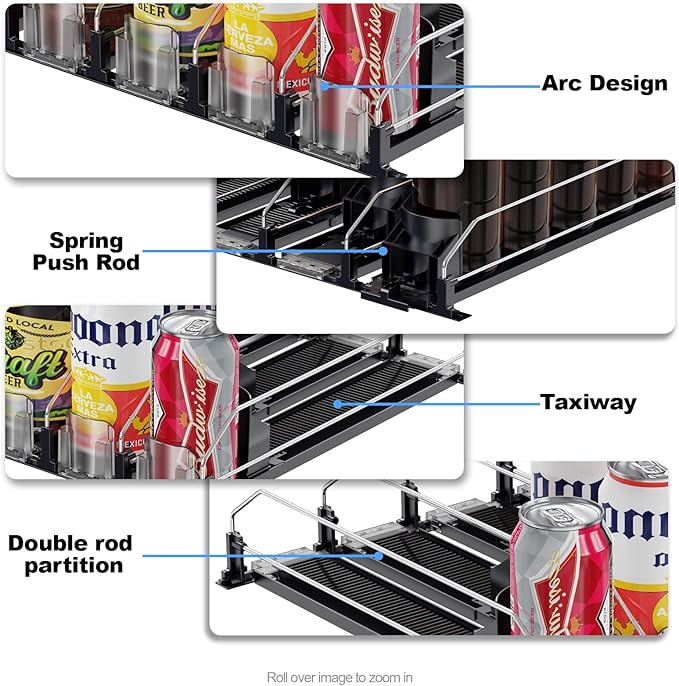 Drink Organizer for Fridge,12oz 16oz 20oz - Soda Can Dispenser for Refrigerator,Width Adjustable,Automatic Pusher Glide (White, 15" D 6ROW, Holds 30 Cans)