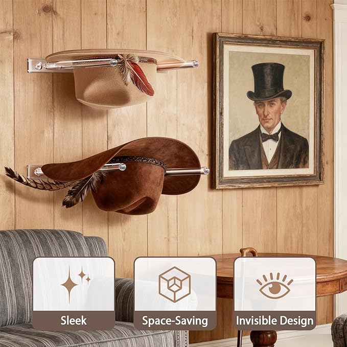 2 Pack Acrylic Cowboy Hat Rack for Wall, 3-Position Adjustment Wall Mount Hat Holder Organizer for Western Cowboy Hats, Fedoras, Sun Hats