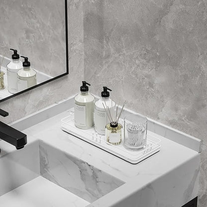 Bathroom Vanity Tray for Countertop Toiletries Perfume Makeup Soap Dispenser Toilet Tank, Kitchen Tray for Salt Spice, Decor Tray for Candle Nightstand Coffee 11.3”x 4.4” White