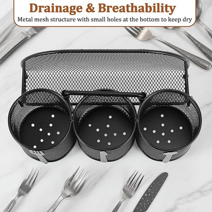 Paper Plate and Silverware Holder Caddy, 4 Compartments Metal Utensil Cutlery Caddy for Party, Spoon, Fork and Paper Plate Organizer with Handle for Countertop,Buffet, Picnic, Camping, Outdoor, BBQ