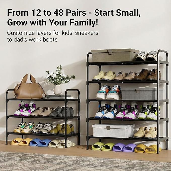 3-Tler Shoe Rack Organlzer, Rustproof lron, Spaclous Shoe Storage Shelf for Closet or Entryway, Fits Sneakers & Slippers, Black