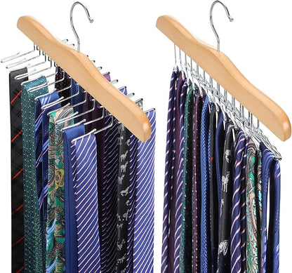 TOPIA HANGER Tie Rack Hanger for Closet 2 Packs, Wooden Tie Organizer for Men with 24 Folding Hooks, Space Saving Necktie Holder for Storage and Display Bra, Tank Top, Camisole (Natural) - CT14N-2