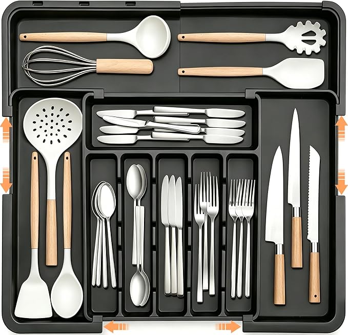 Spaclear Silverware Organizer Expandable Kitchen Utensil Drawer Organizer Large BPA Free Adjustable Cutlery Silverware Tray for Spoons Forks Knives Storage Divider for Kitchen Flatware 6-9 Slots Black